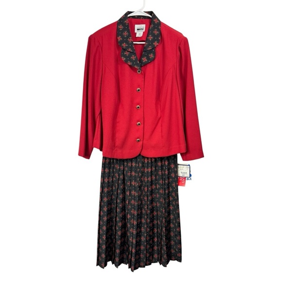 NWT Vintage Leslie Fay Size 16w Petite Pleated Skirt Jacket Suit Set Red Floral - Picture 1 of 8